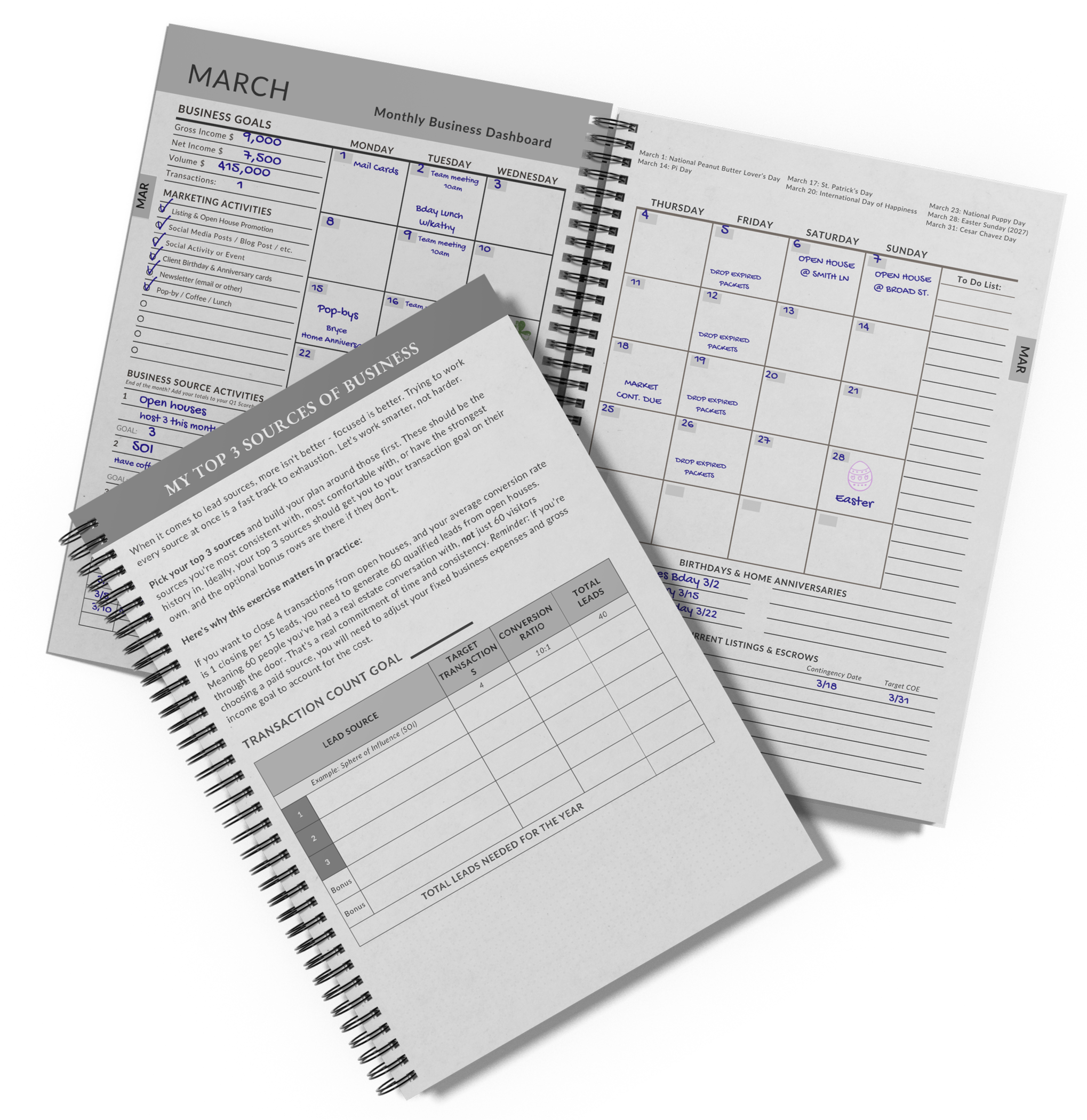 An open spiral-bound planner or calendar with handwritten notes for March, including appointments and reminders, and a printed sheet titled 'Resources of Business'.