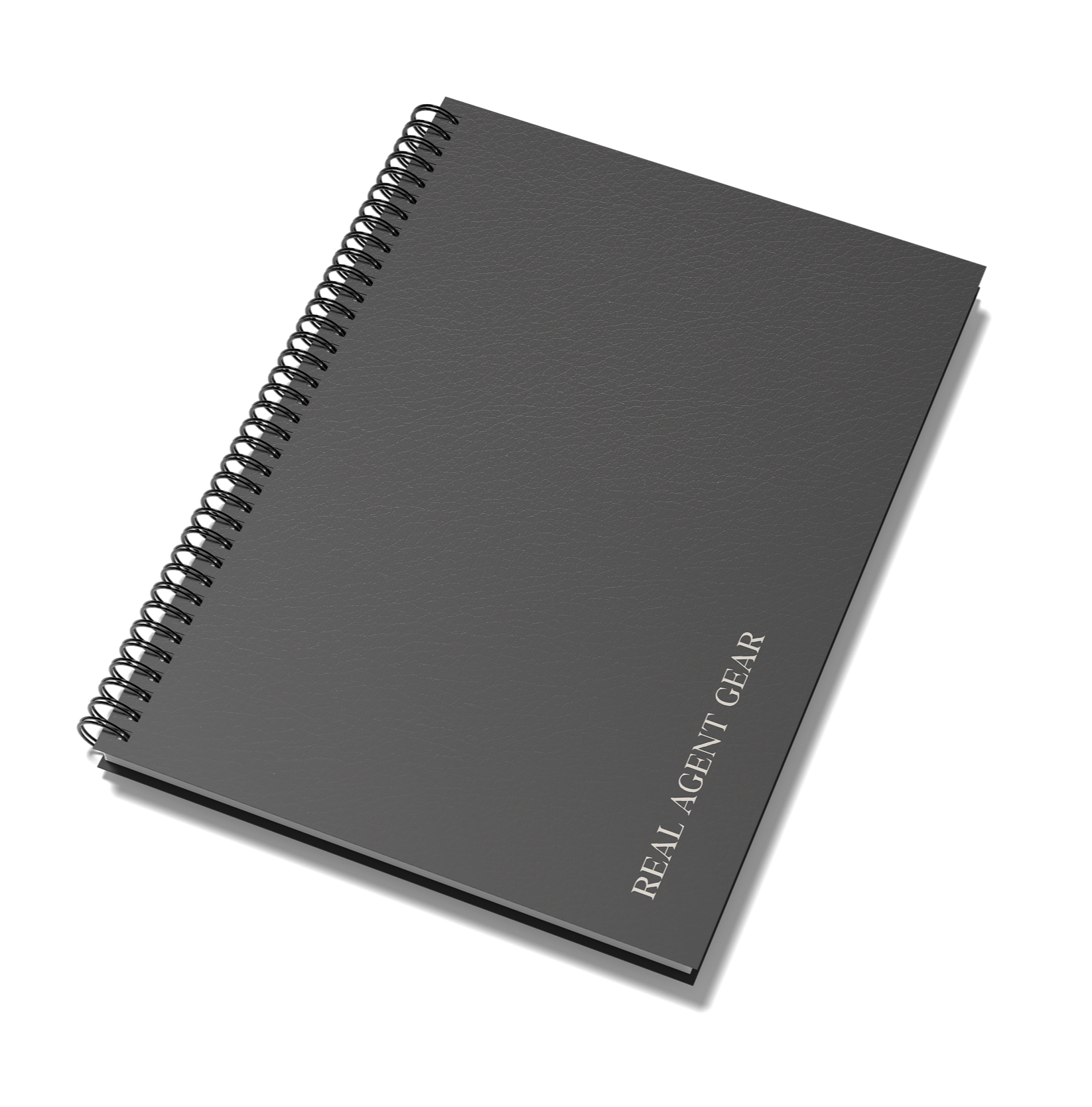 A black spiral-bound notebook titled 'REAL AGENT GEAR' on a black background.