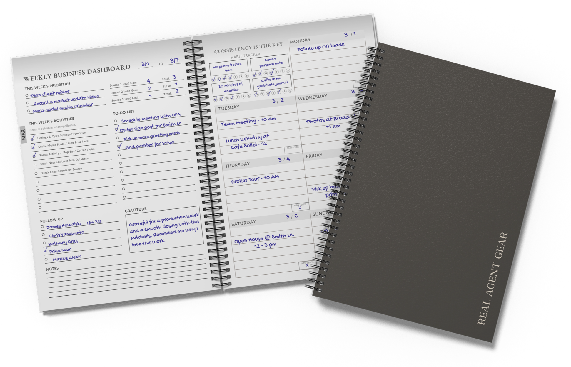Open spiral-bound weekly business planner with handwritten notes and checkmarks, showing tasks, appointments, and priorities for the week.