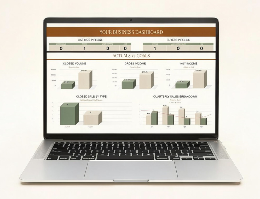 Laptop displaying a business dashboard with graphs and charts about real estate sales and performance metrics.