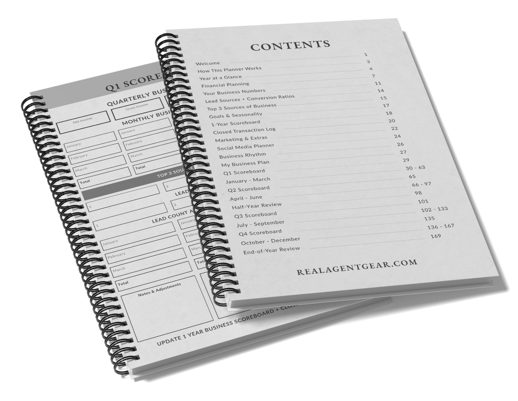 Open spiral notebook with contents page on the right and quarterly and monthly business scorecards on the left, placed on a black surface.