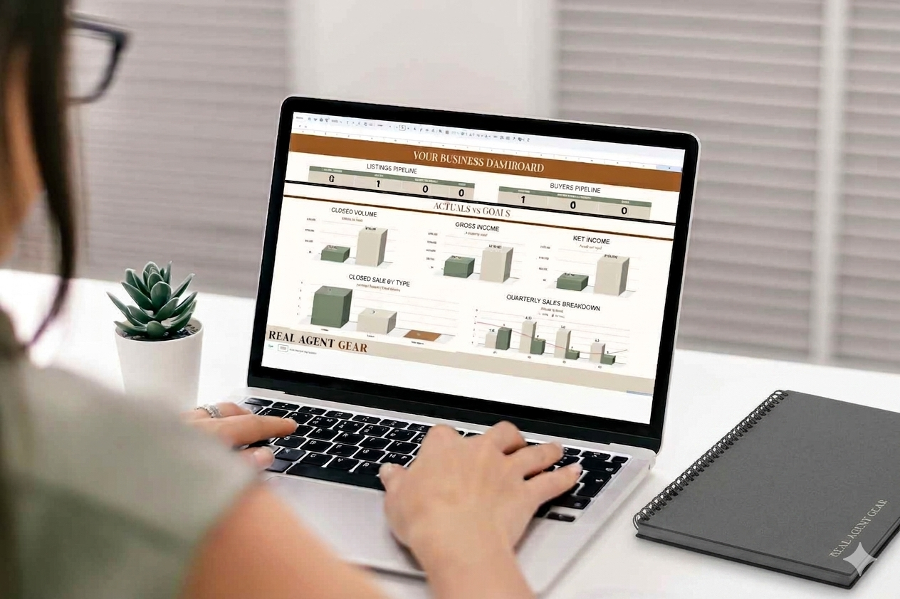Person working on a laptop with a business dashboard on screen, next to a notebook and a potted succulent plant.