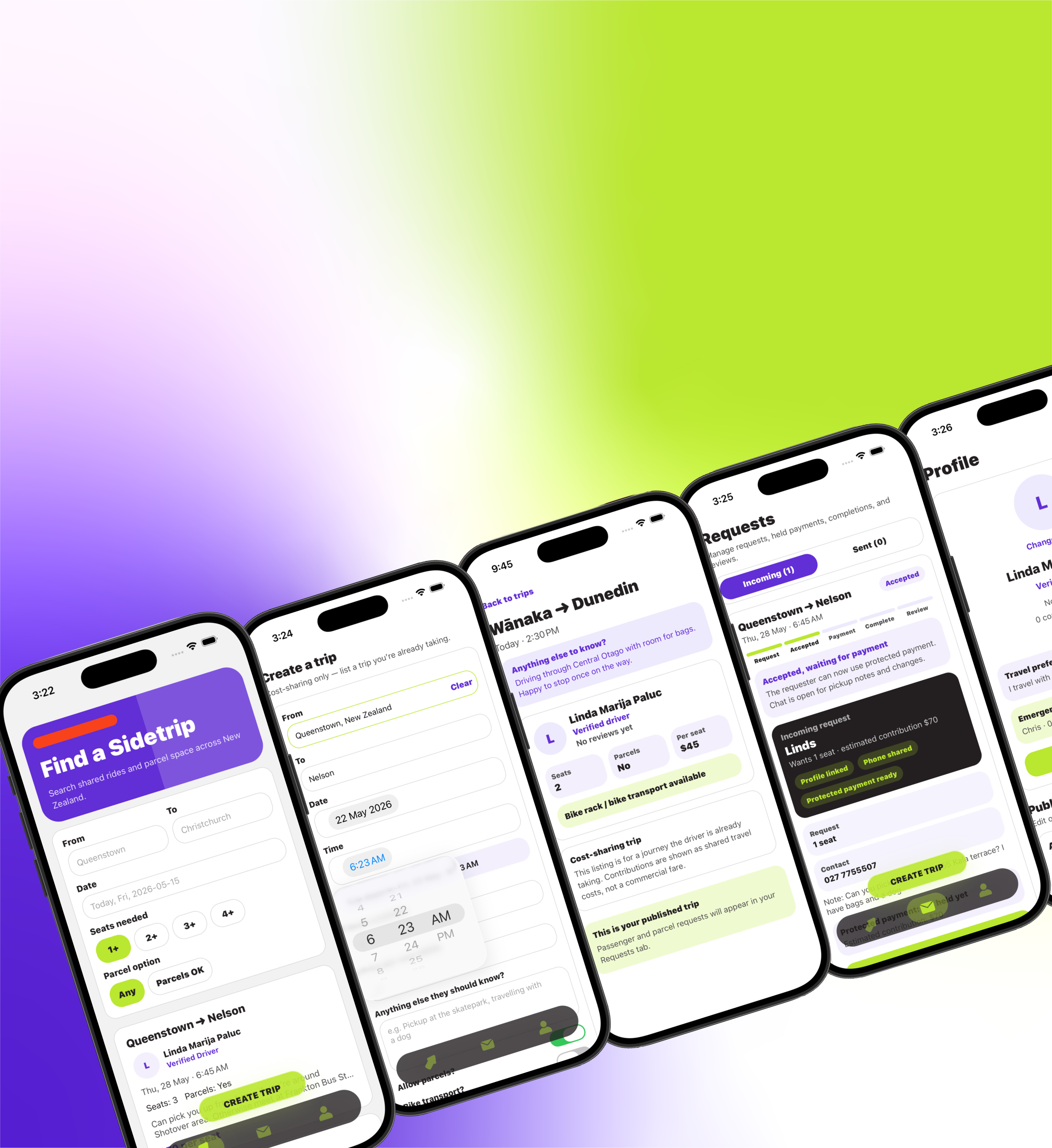 Mobile app screens for a ride-sharing service showing trip creation, requests, and driver profile features on a gradient background.