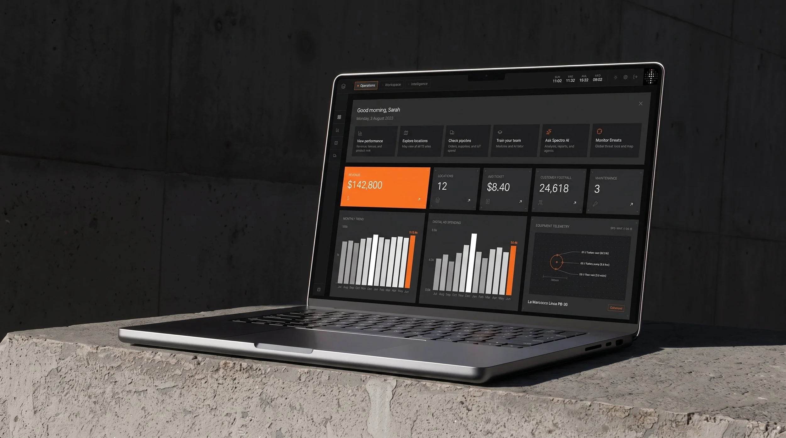 Laptop displaying a dashboard with financial and performance metrics, including revenue, locations, customer footfall, and graphs, placed outdoors on a concrete surface against a dark wall.