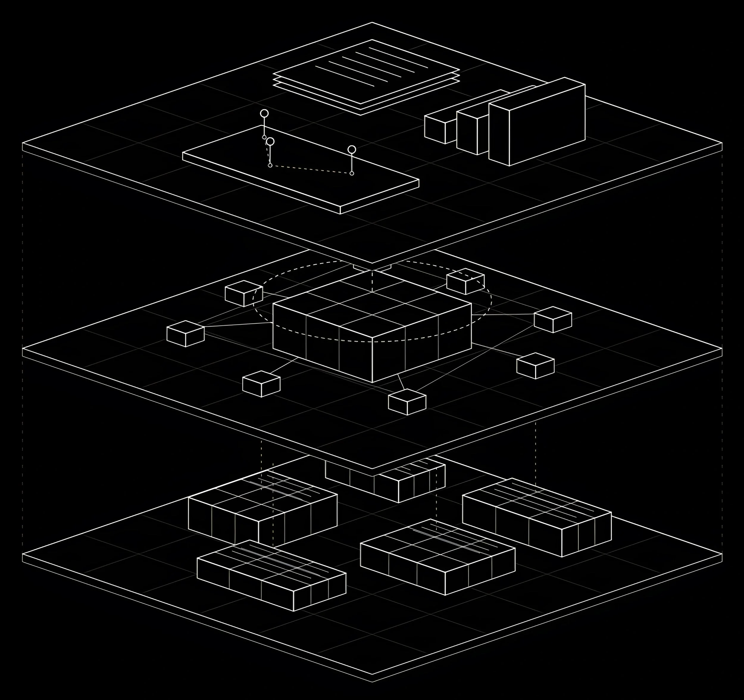 A black background with white digital wireframe-style 3D geometric shapes and structures, resembling architectural or technological schematics.