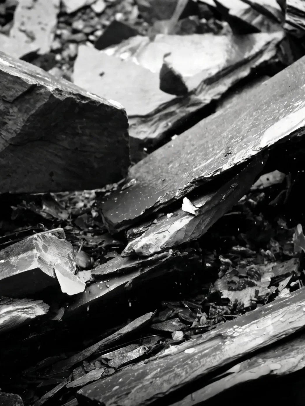 Close-up of broken pieces of slate or shale rocks on the ground.