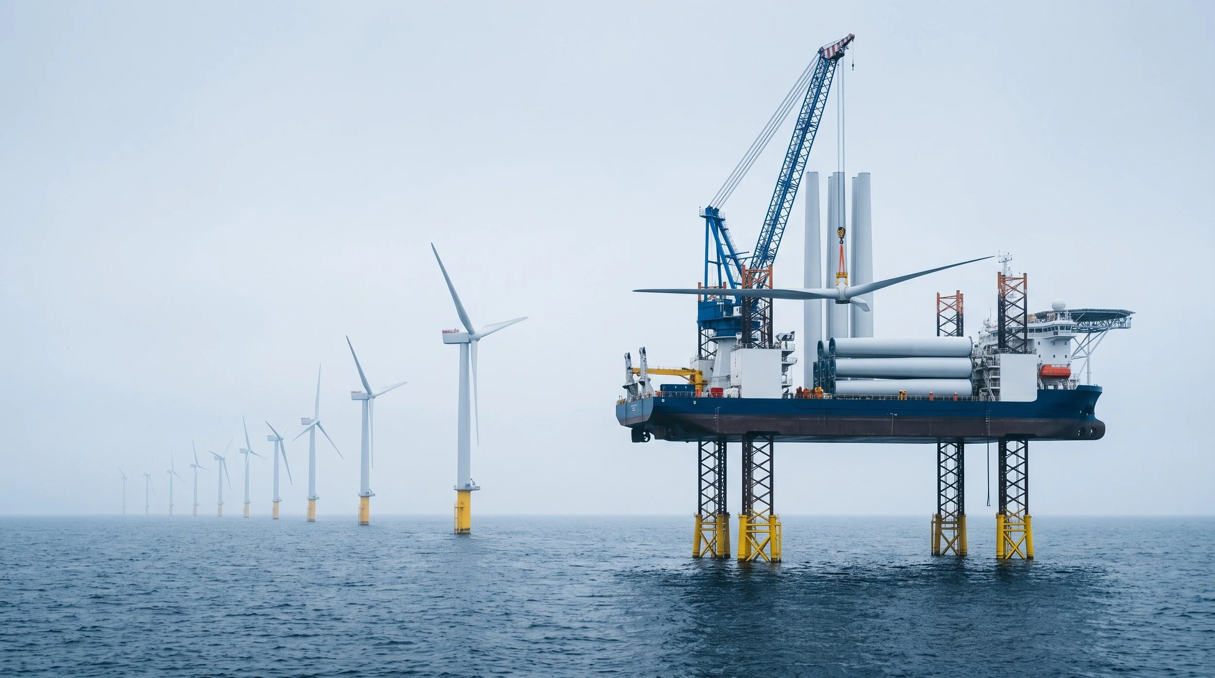 An offshore oil rig with wind turbines in the background, situated in the ocean, with a crane lifting equipment.