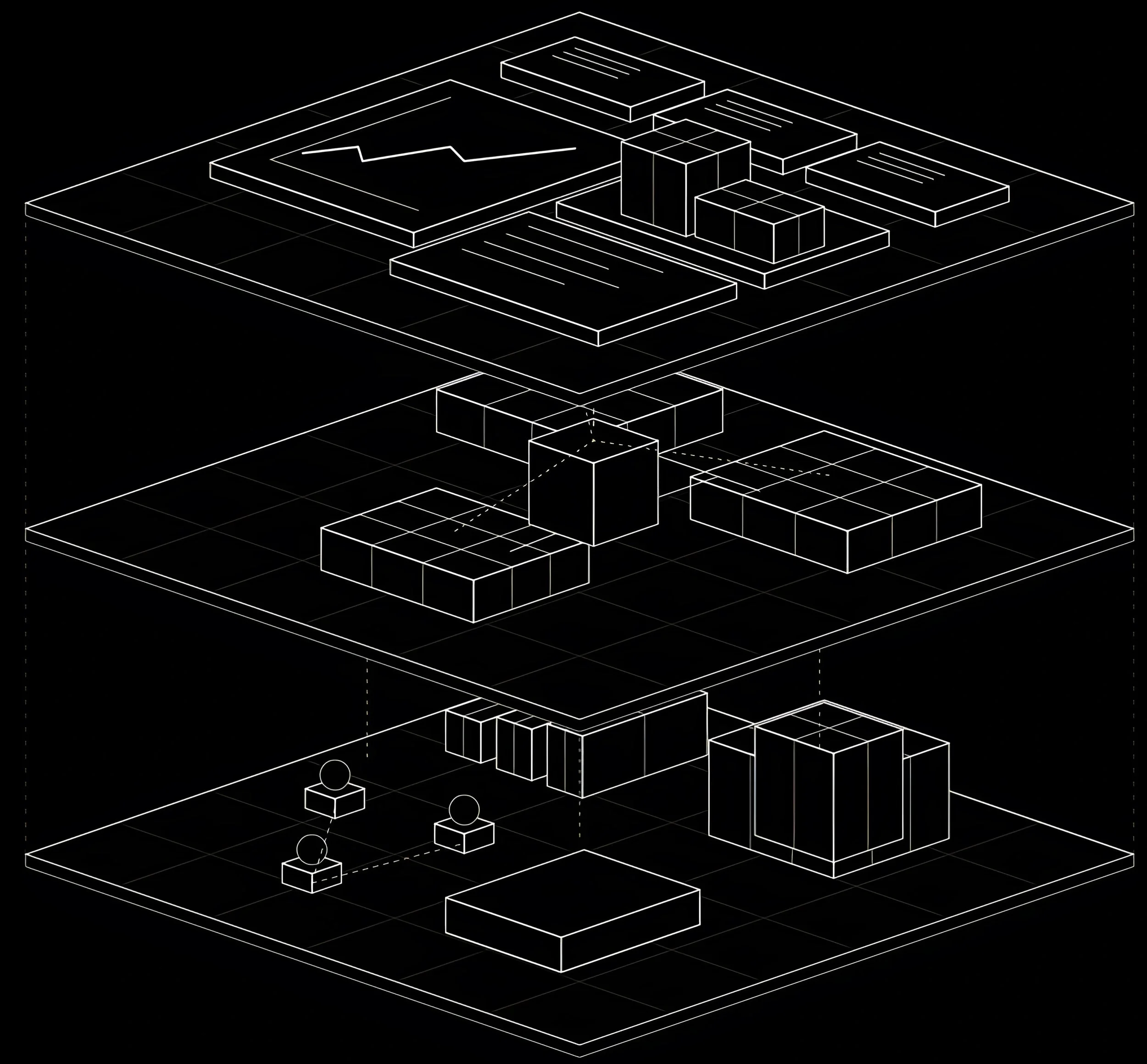 A digital wireframe model of a multi-level architectural structure, displayed in white lines on a black background.