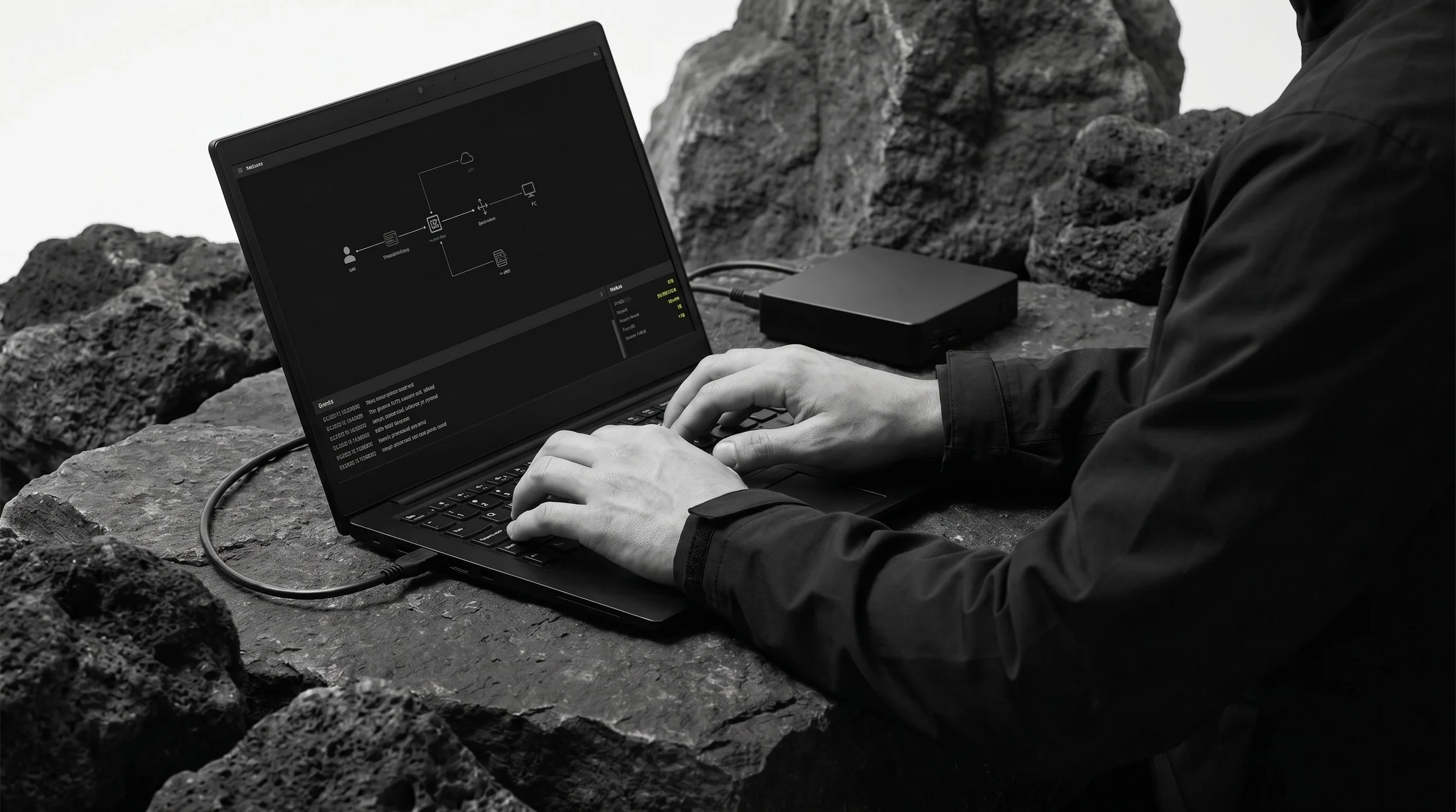 Person using a laptop outdoors on rocky terrain, with a black external device connected to the laptop.