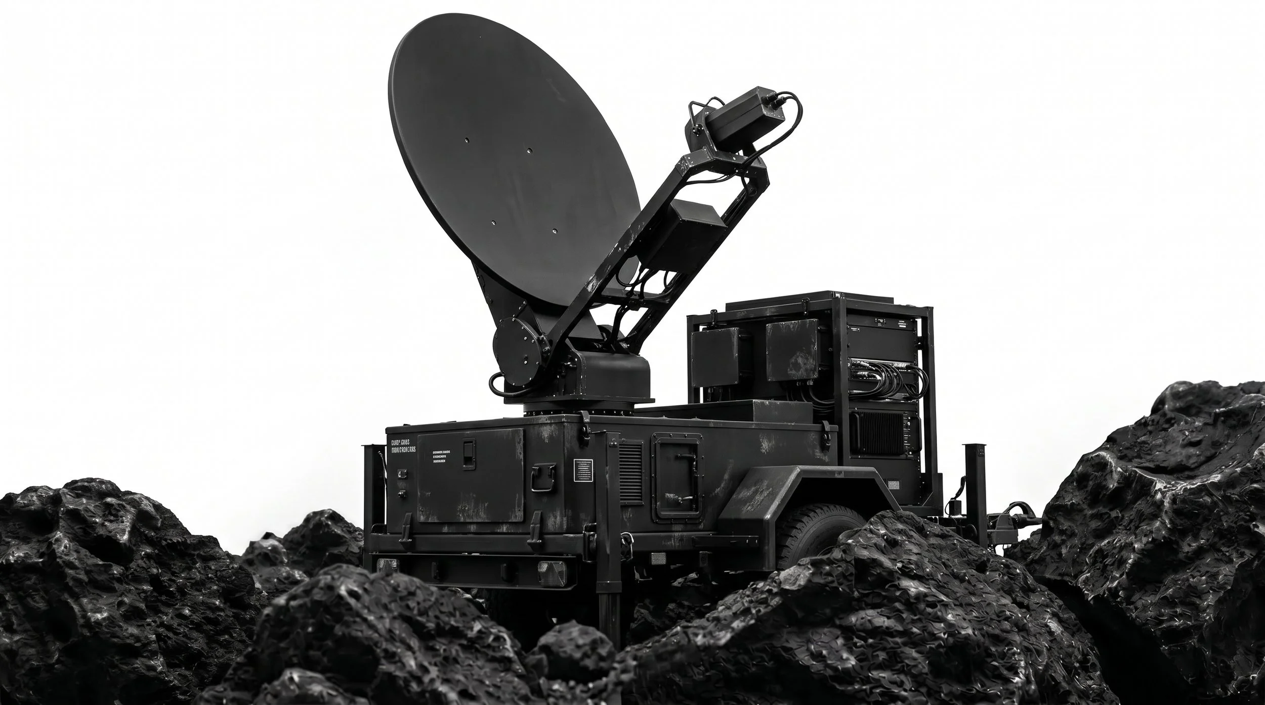A black satellite dish mounted on a mobile platform surrounded by rocky terrain.