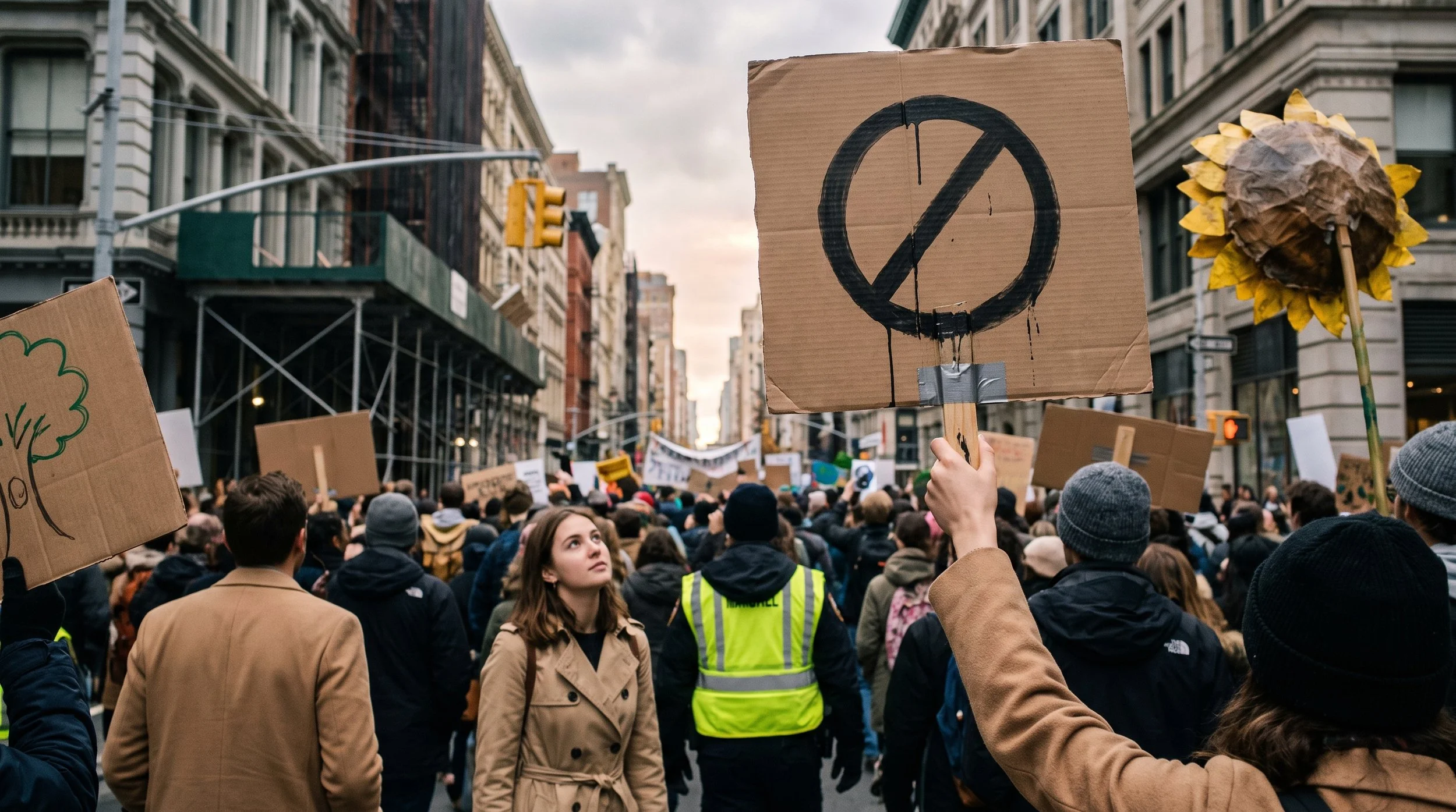 A large crowd of people participating in a protest or rally on an urban street, with some holding signs including a cardboard sign with a power symbol crossed out, and another shaped like a sunflower. The crowd is diverse, with some wearing jackets and hats, and buildings line the street in the background.