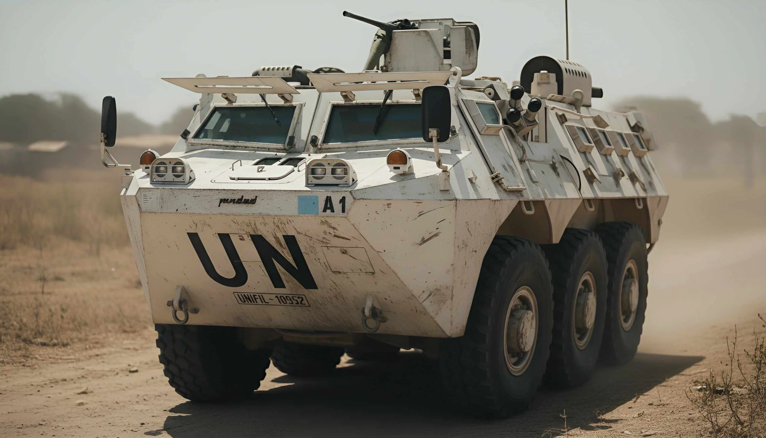 A six-wheeled military armored vehicle driving through a desert.