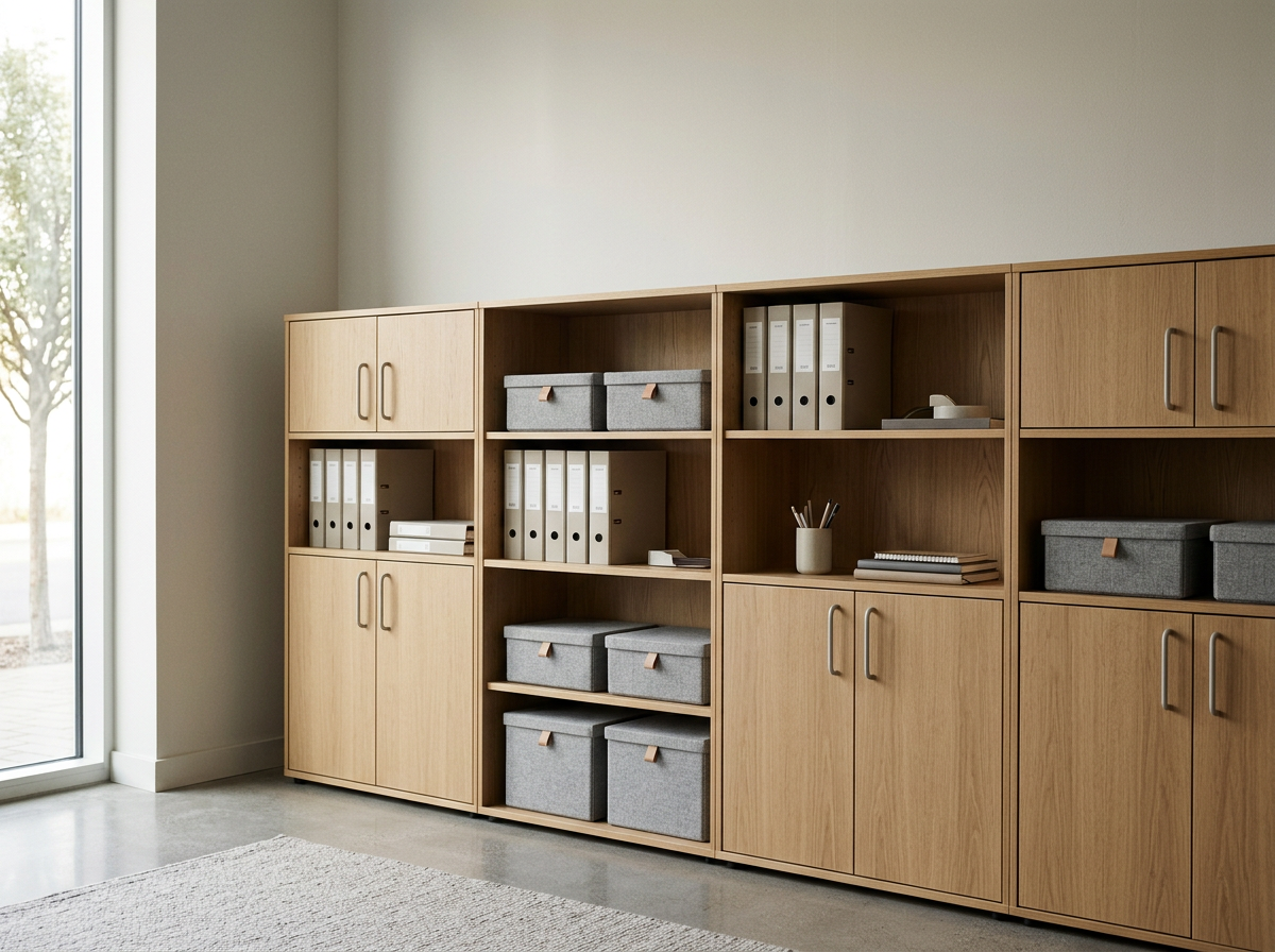 Wooden storage cabinet with multiple shelves and closed compartments, containing white binders, gray storage boxes, and a cup with pens, located in a room with a window and a light-colored wall.