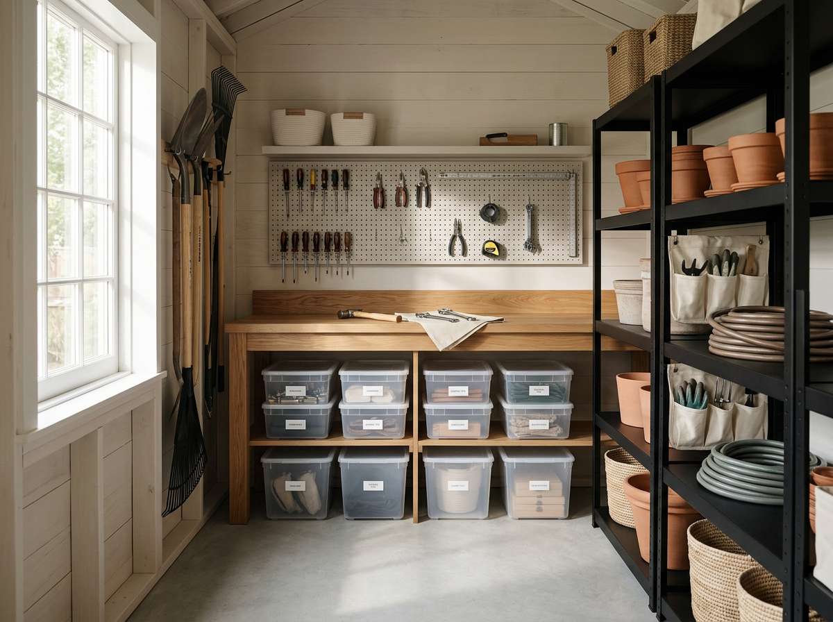 A well-organized gardening tool storage room with a window on the left, a pegboard with tools hanging, shelves with storage bins, and a black shelving unit with pots, bowls, and gardening supplies.