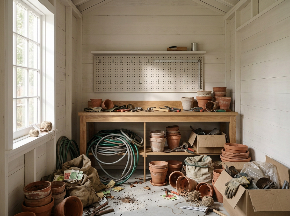 A cluttered gardening shed interior with a wooden workbench, terracotta pots, gardening tools, hoses, and gardening supplies, with natural light coming through a window.