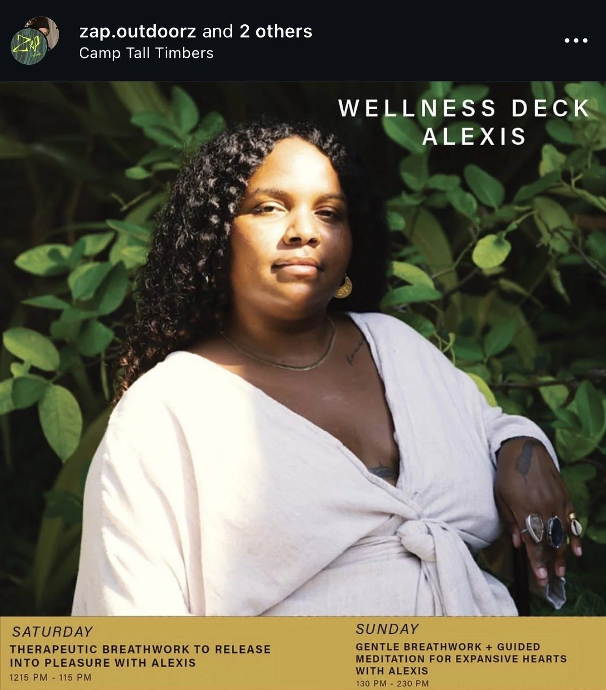 Portrait Alexis Sāga sitting outdoors with green leaves in the background, promoting wellness activities at Zap Outdoors Music Festival.