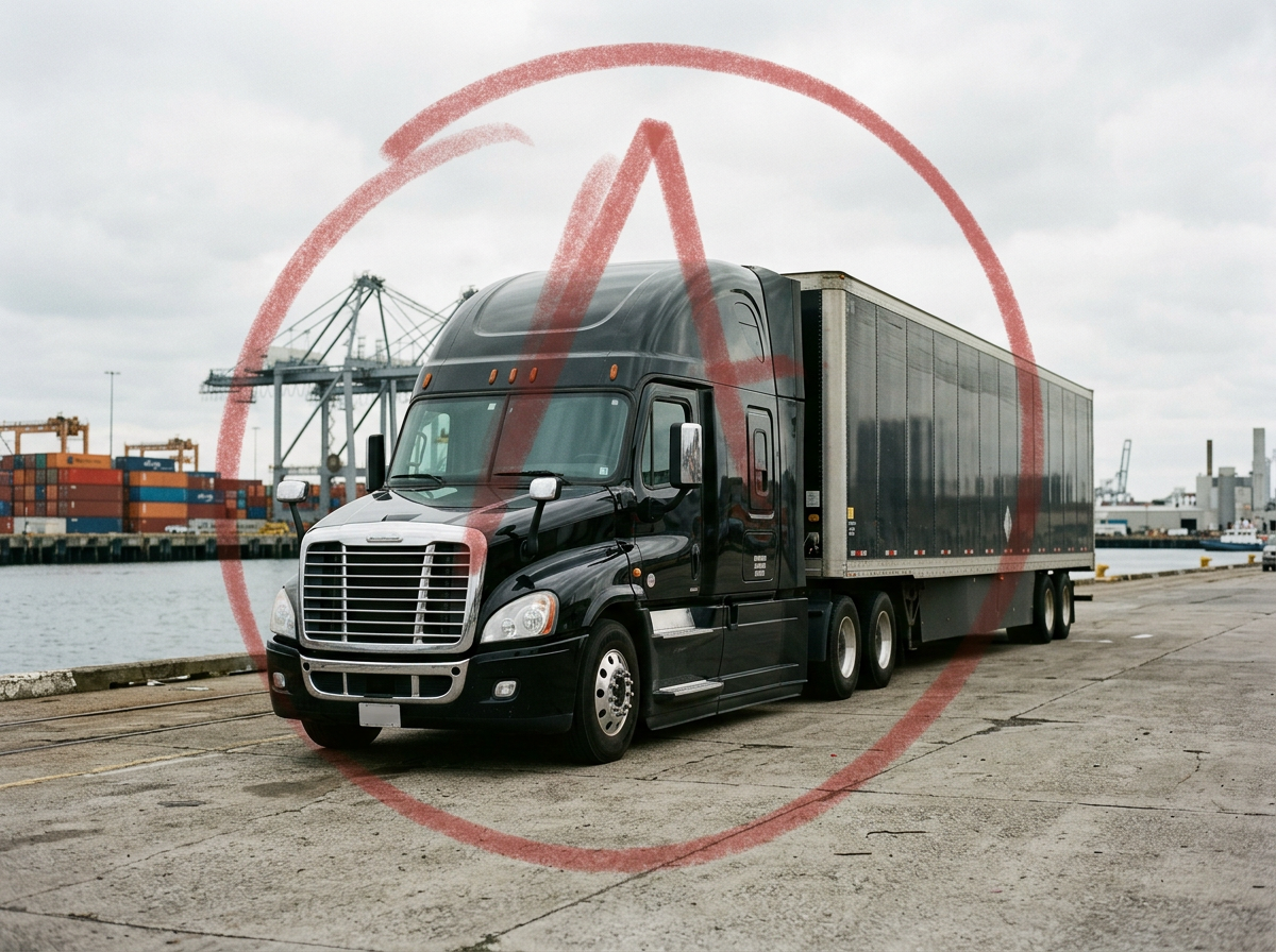 A black semi-truck with a trailer parked near a harbor with containers and cranes in the background.