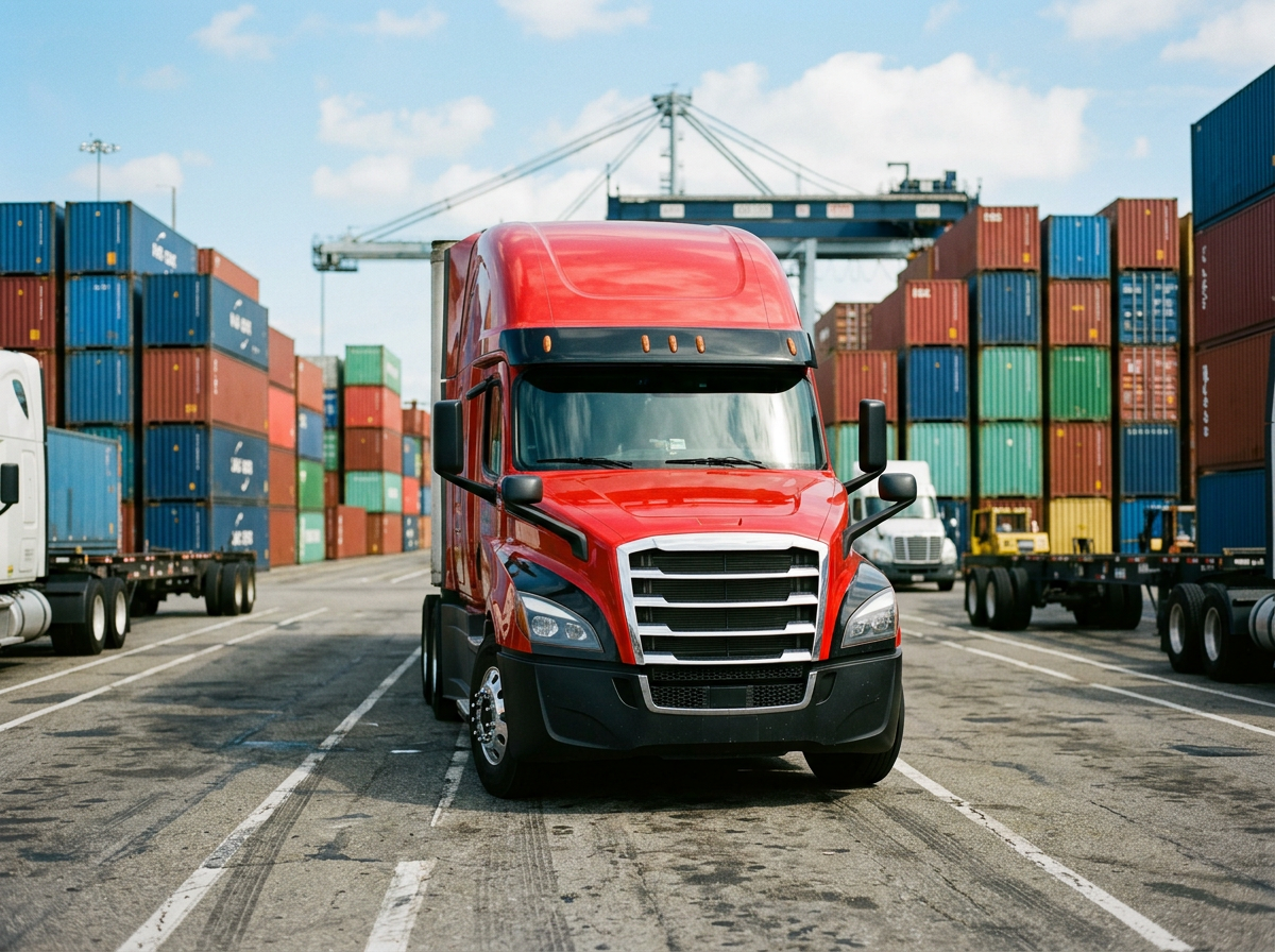A red semi-truck parked among stacked shipping containers at a port or freight yard.