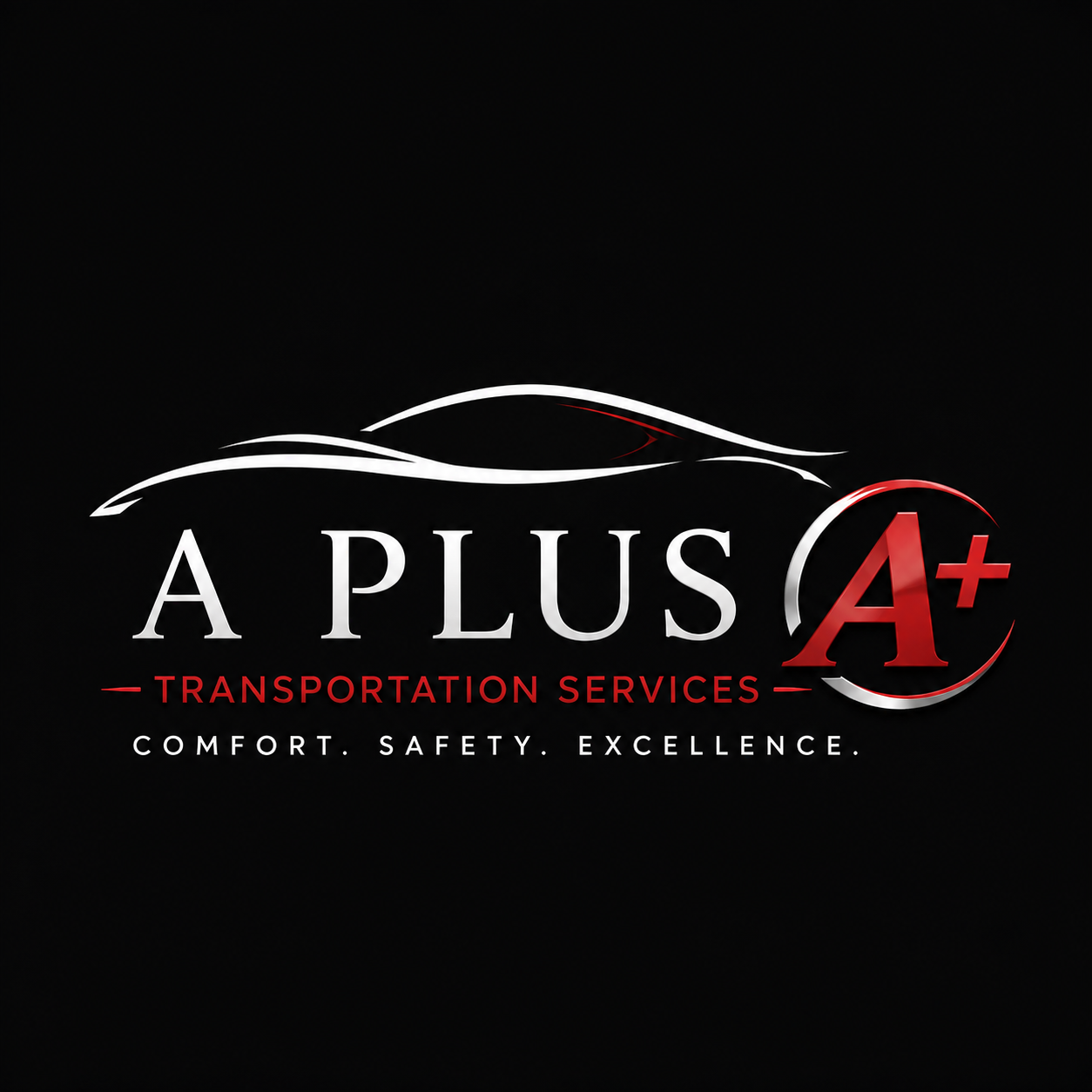 Logo for A Plus Transportation Services featuring a stylized car outline, with the text 'A Plus' and 'A+' in red, along with the tagline 'Comfort. Safety. Excellence.' on a black background.