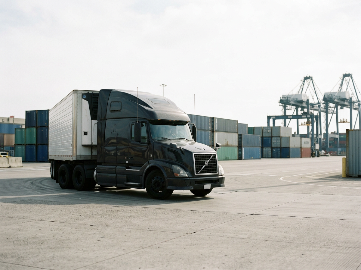A black semi-truck with a white trailer parked in a container yard near cargo containers and port cranes.