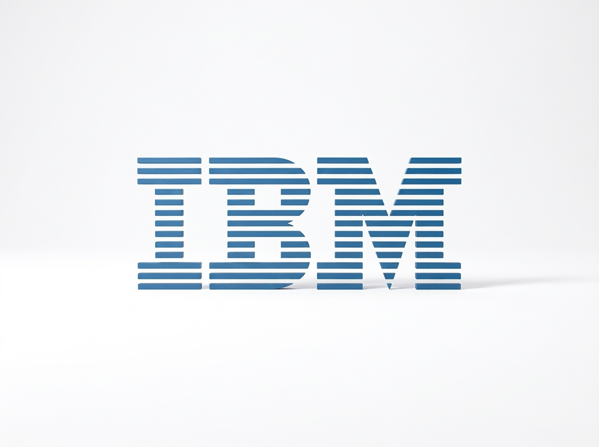 The IBM logo in blue with horizontal lines on a white background.