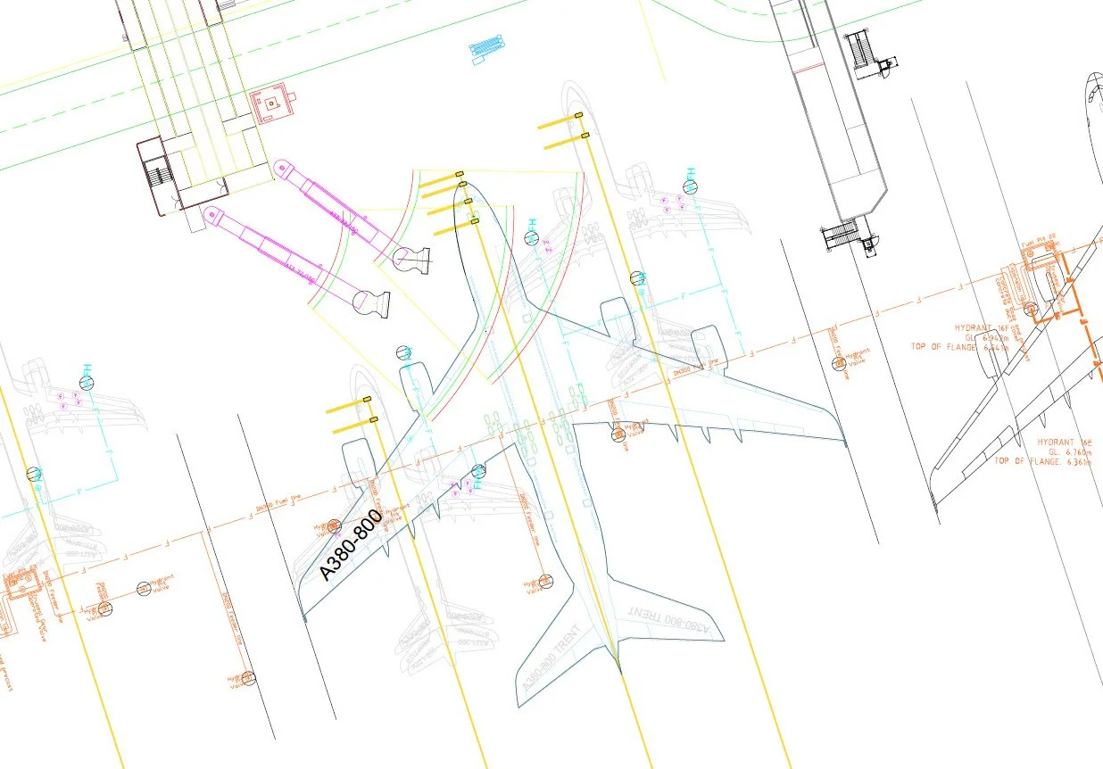 A detailed technical engineering drawing of an airport apron, showing various components, measurements, and annotations.