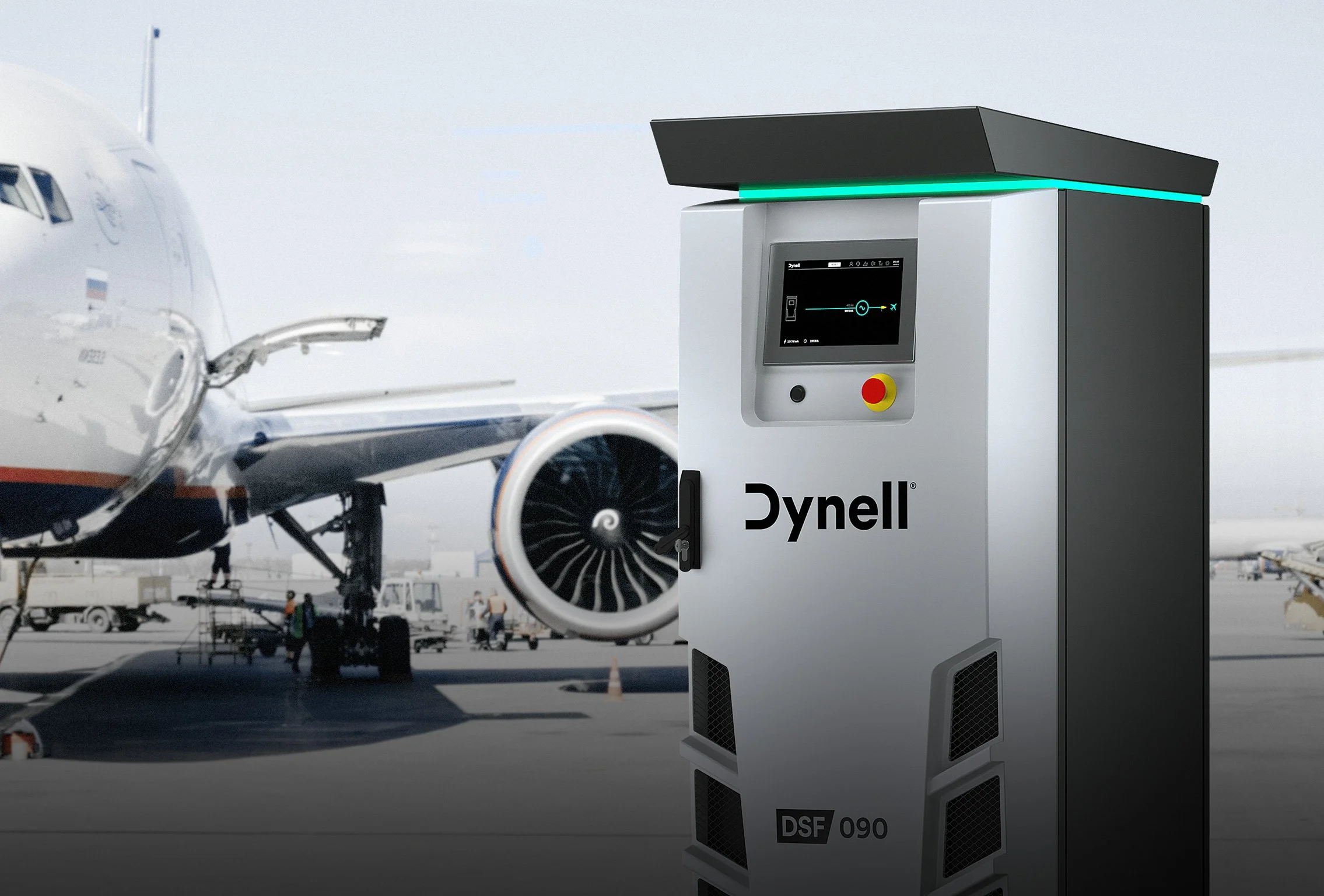 An airport tarmac with a white airplane and a ground service vehicle in the background with a Dynell 400Hz Ground Power System in the foreground.