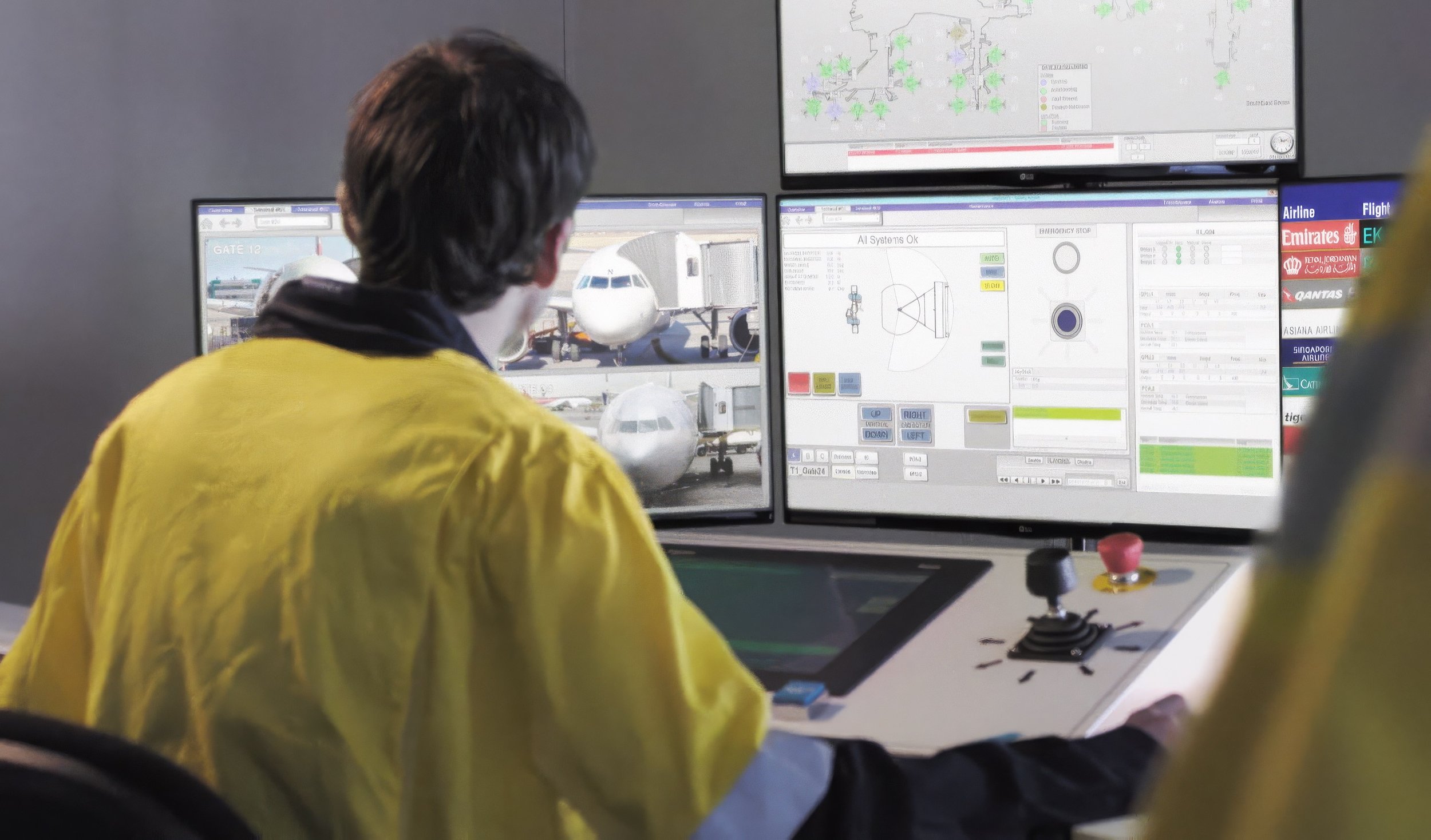 A person wearing a yellow jacket and a face mask, operating airport ground control equipment using IntelliGate, with multiple monitors showing airplane images, airport maps, and flight information.