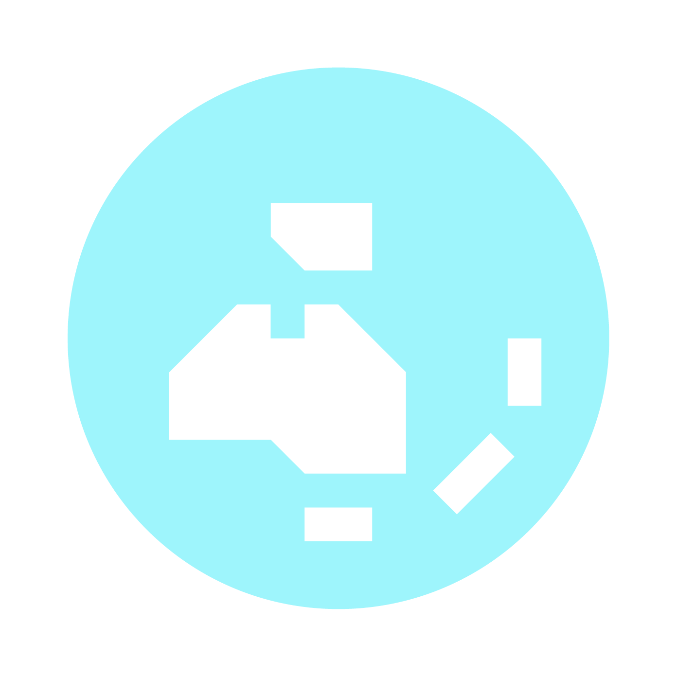 A white house with a chimney, tree, person, car, and mailbox inside a light blue circle.