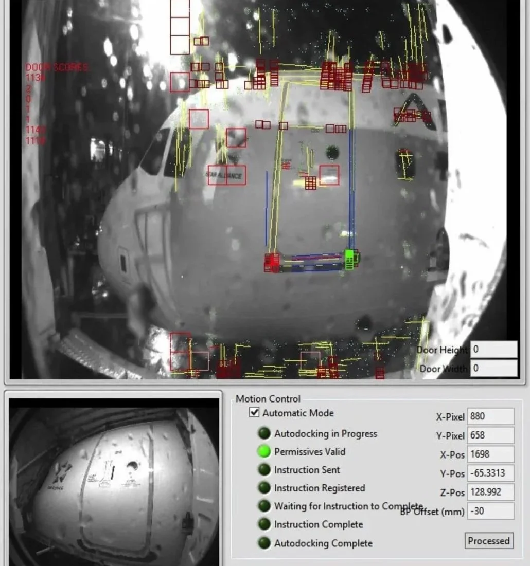 View of the IntelliDock interface while an airplane is docking. It shows various tracking and docking data, including a smaller inset image of the door with measurement indicators.