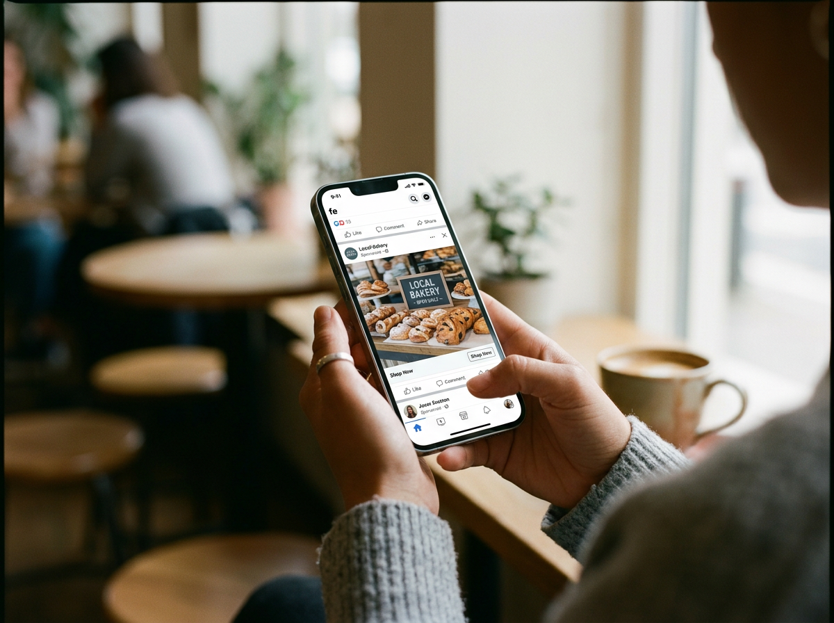 Person holding a smartphone in a cozy cafe, viewing a Facebook post about a local bakery with an image of various baked goods and a sign that says "Local Bakery".