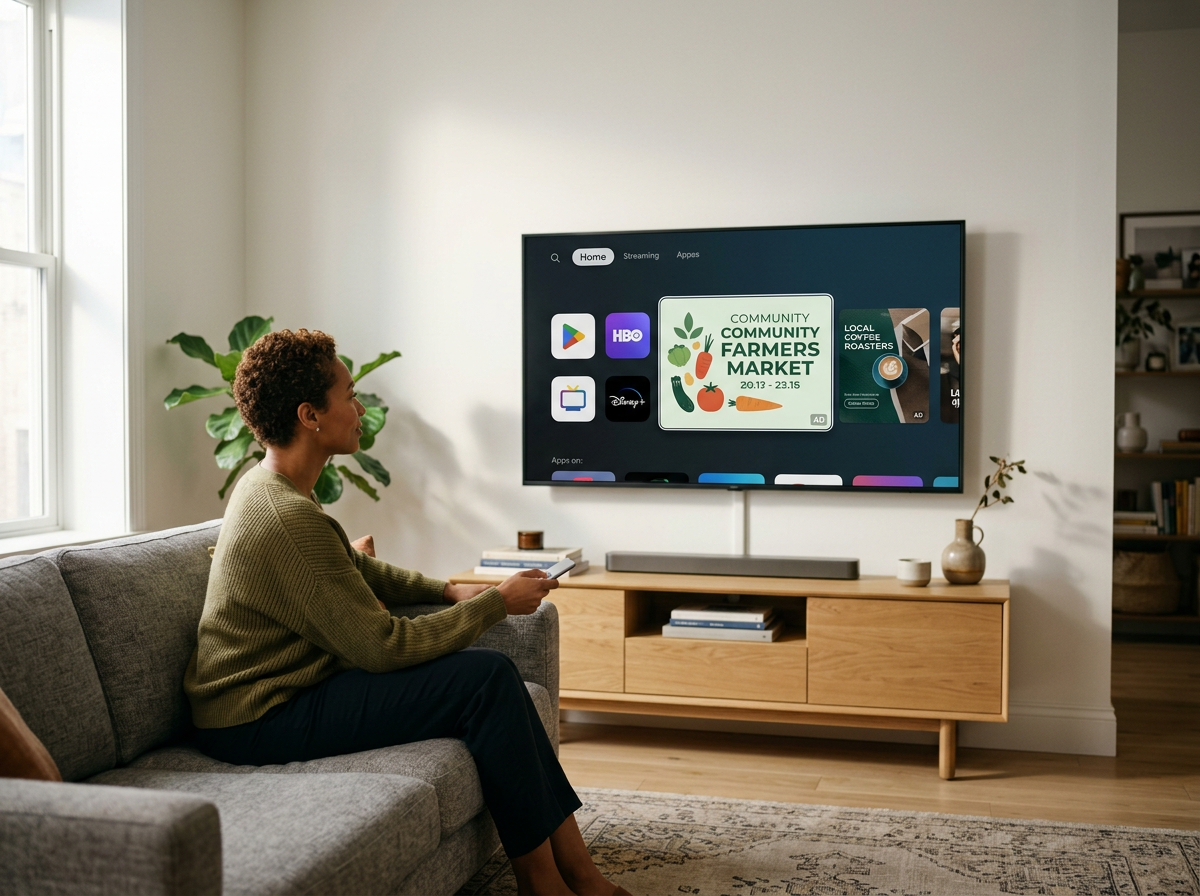 A woman sitting on a gray sofa in a living room, holding a remote control, watching a TV screen displaying app icons and a community farmers market advertisement.