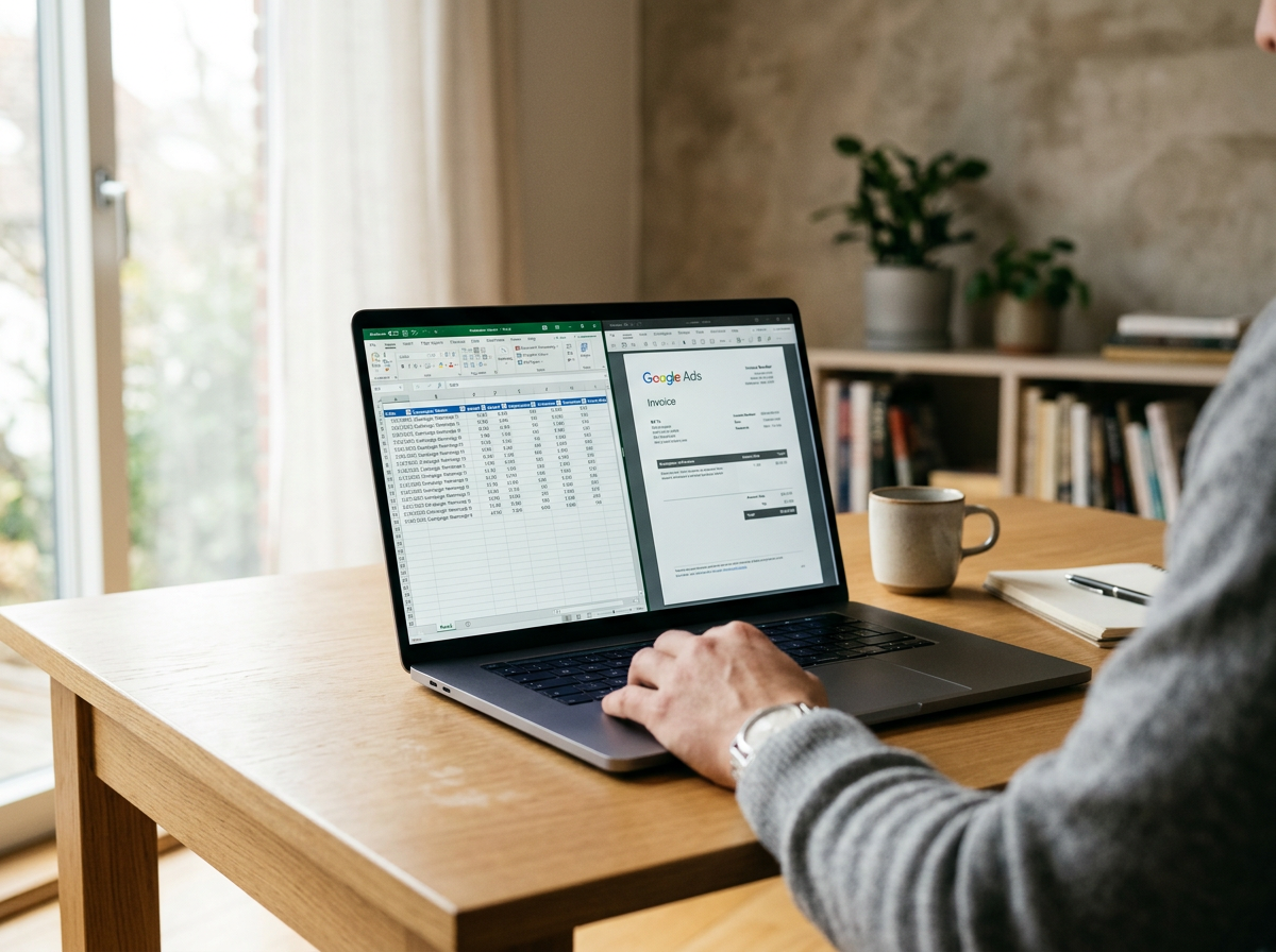 Person working on a laptop at a wooden desk, with an Excel spreadsheet open on the left and a Google Ads invoice on the right, in a room with a bookshelf and potted plants.