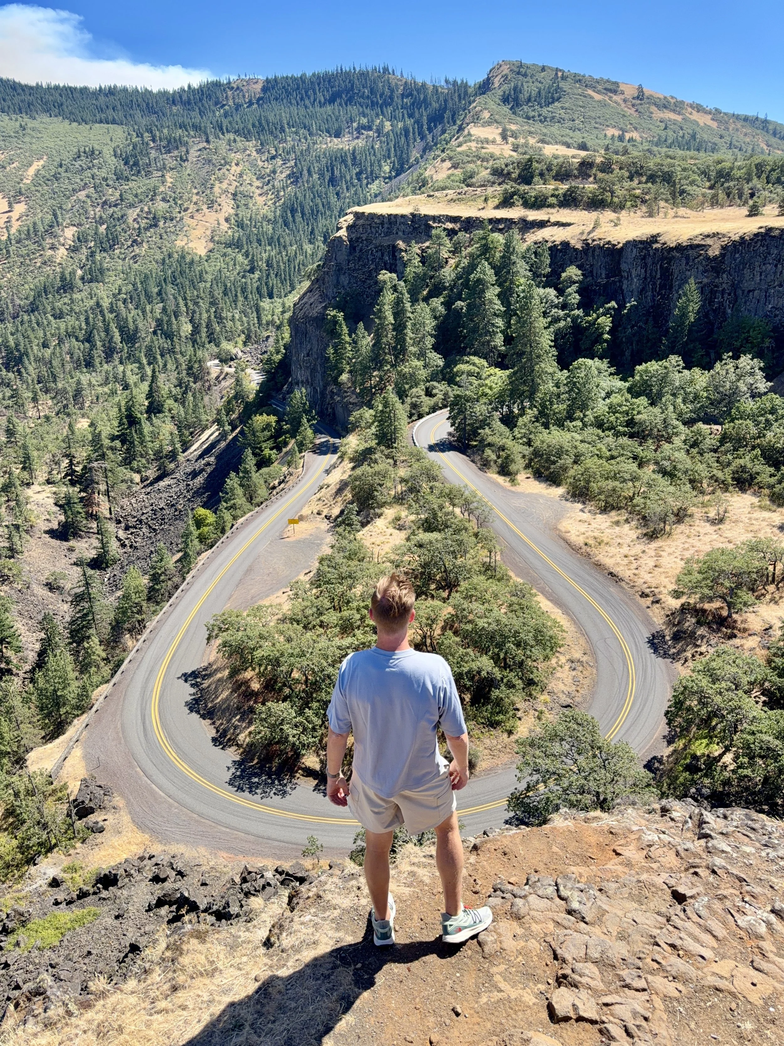 Schro overlooking a winding mountain road surrounded by forested hills