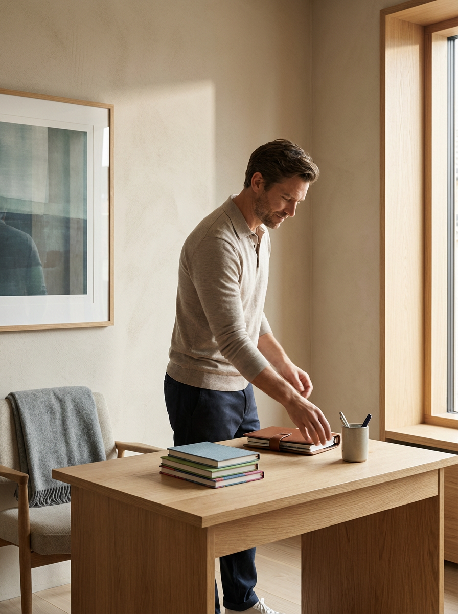 A person organizing notebooks at a wooden desk in a bright, peaceful office.