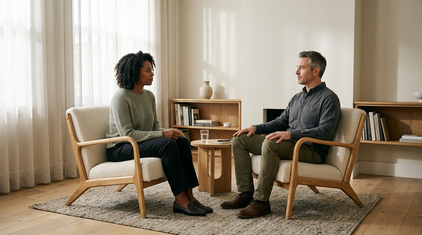 Two people seated across from one another in a comfortable psychotherapy office.