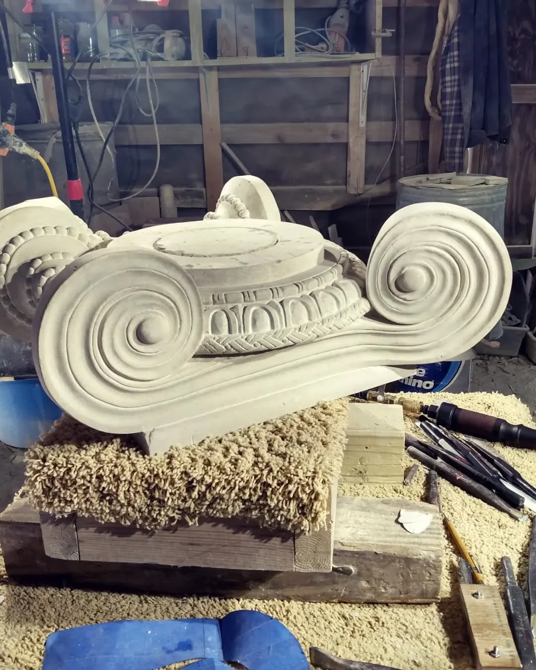 Classical Ionic corner Capitals carved in Lueders limestone.

#Texas #classical #architecture #Ionic #Capital #Limestone #handcarved #carvedstone #stonecarving