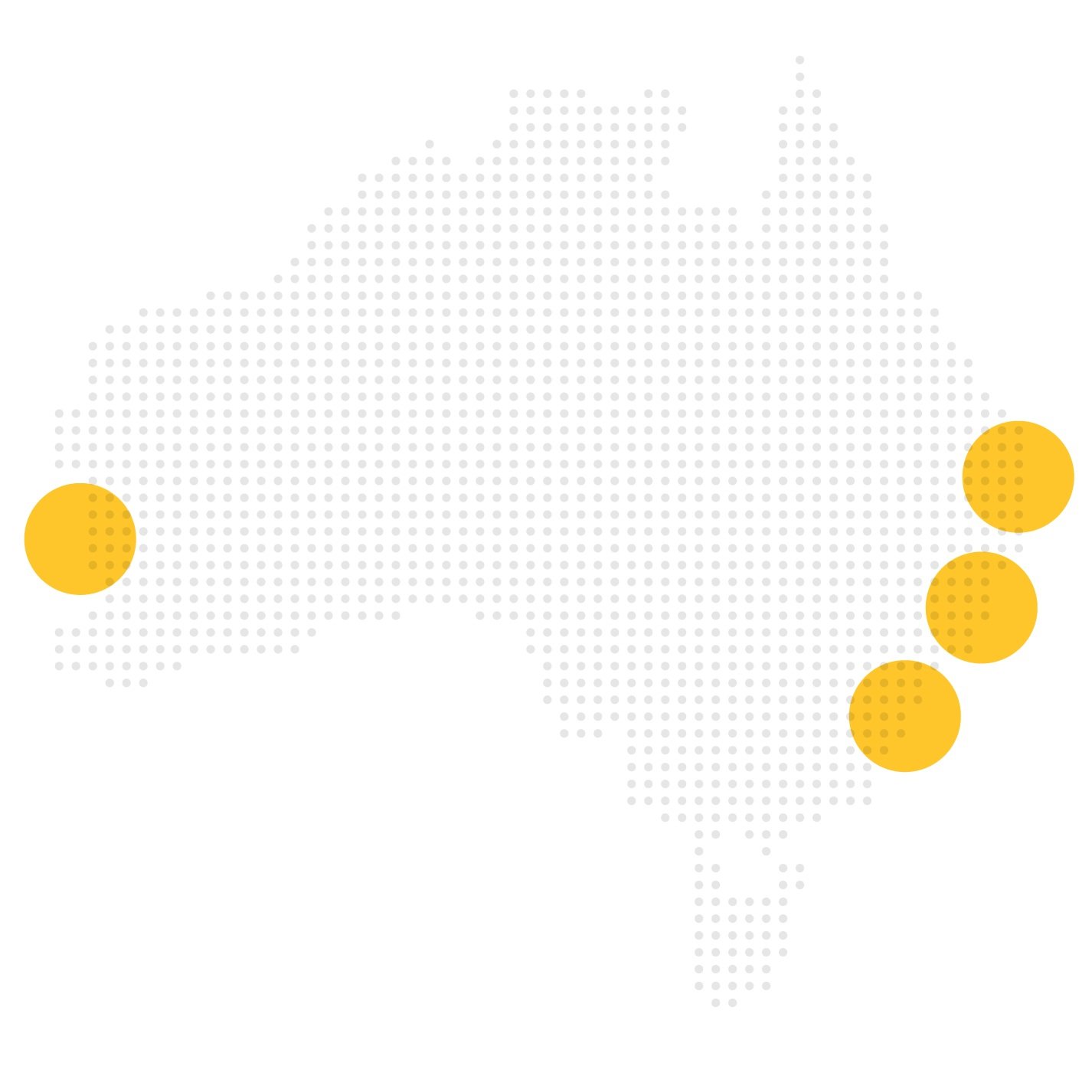 World map with four yellow dots highlighting locations in the United States.