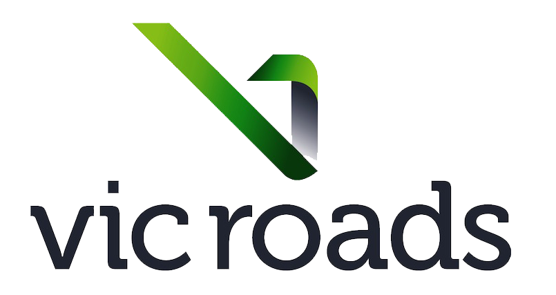Logo with a green check mark above the word "vicroads" in lowercase black letters.
