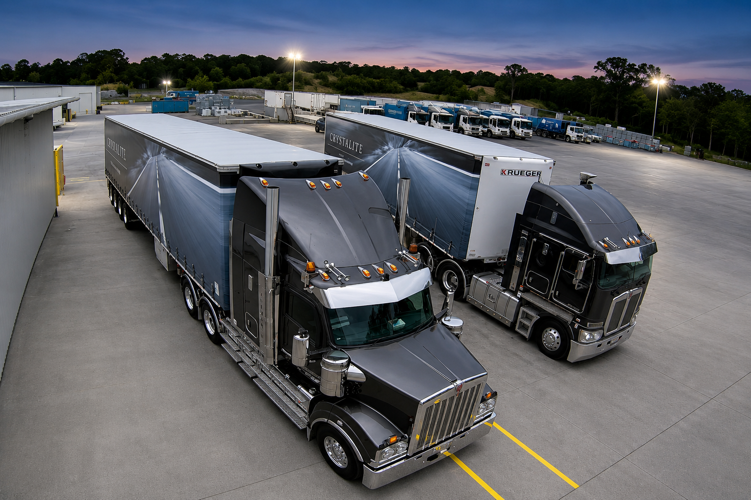 Two large black semi-trucks with attached trailers parked in an industrial lot at dusk, with additional trucks lined up in the background.