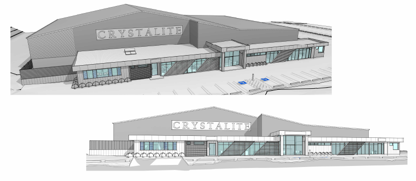 Design concept sketches of a retail building named 'Crystalite' with external stairs, large windows, and modern architectural features.