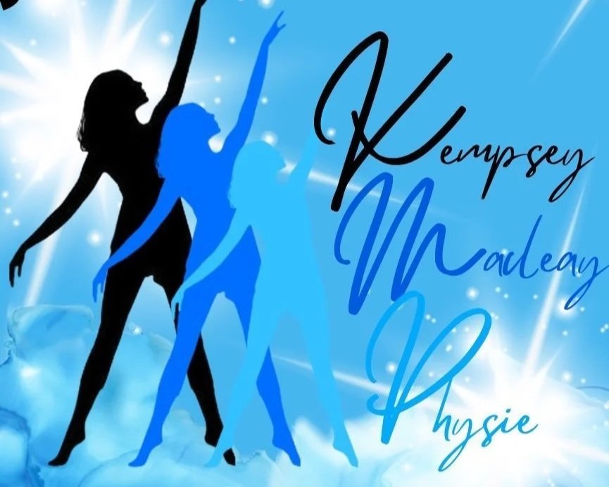 Silhouettes of three women in dance poses with a blue and white glittery background, with text reading "Kempsey Mclean Physie."