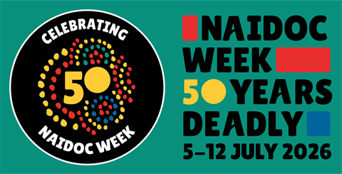 Naidoc Week logo celebrating 50 years with colorful dotted circle, and text indicating Naidoc Week is from July 5 to 12, 2026, marking 50 years of Naidoc Week, with the phrase Deadly.