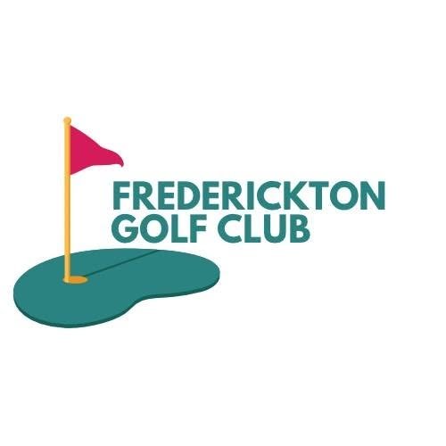 Logo of Fredrickton Golf Club with a pink flag on a green putting surface.