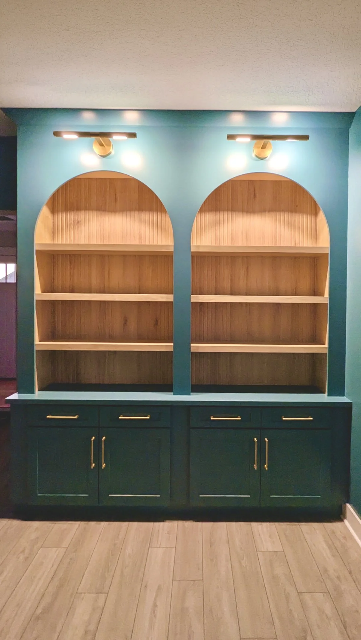 Teal and wood shelving unit with gold handles and lighting on top, set against a teal wall with wooden flooring.