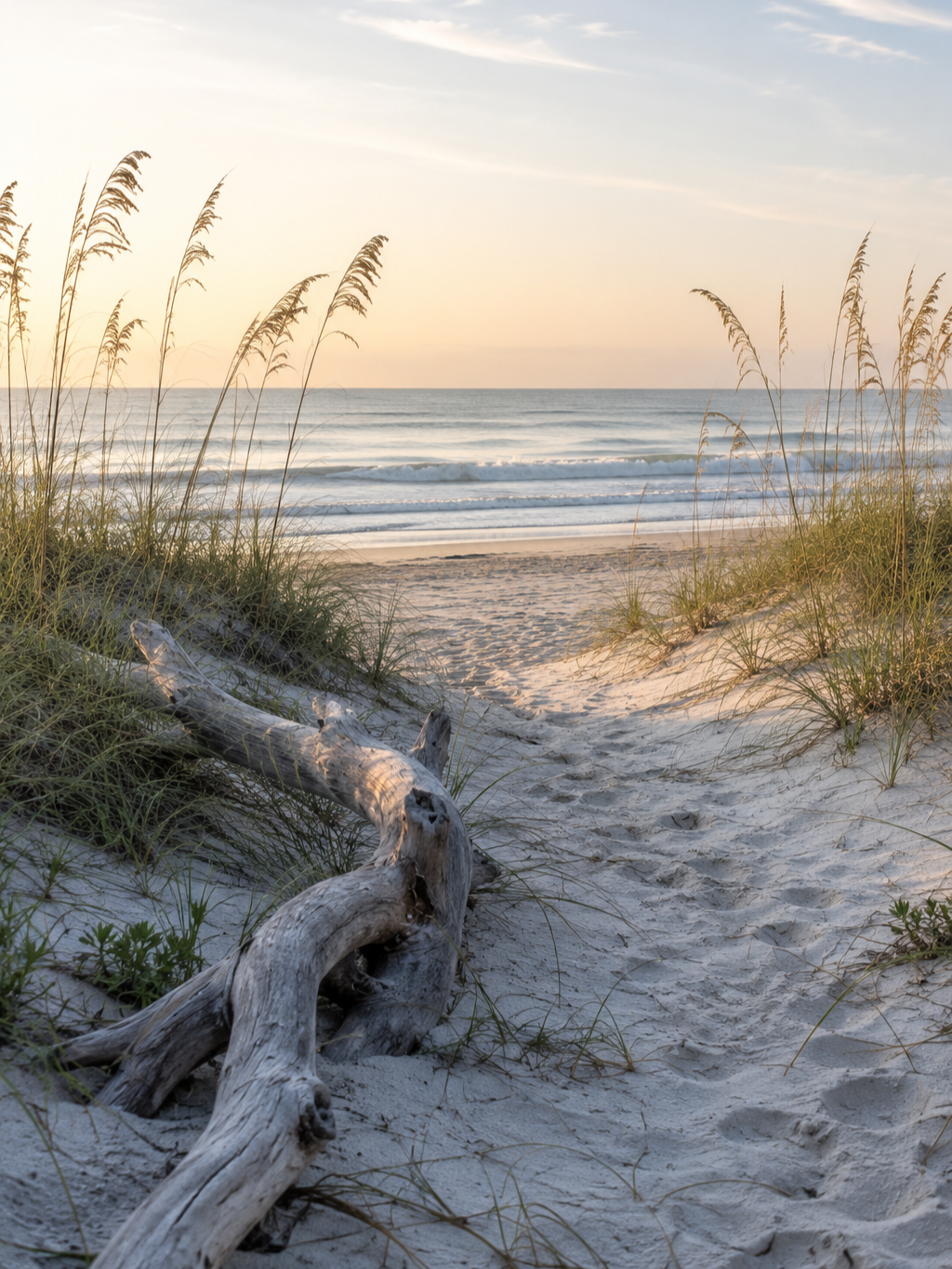 Beach scene with sandy pathway, dune grass, driftwood, ocean waves, and sky at sunset.