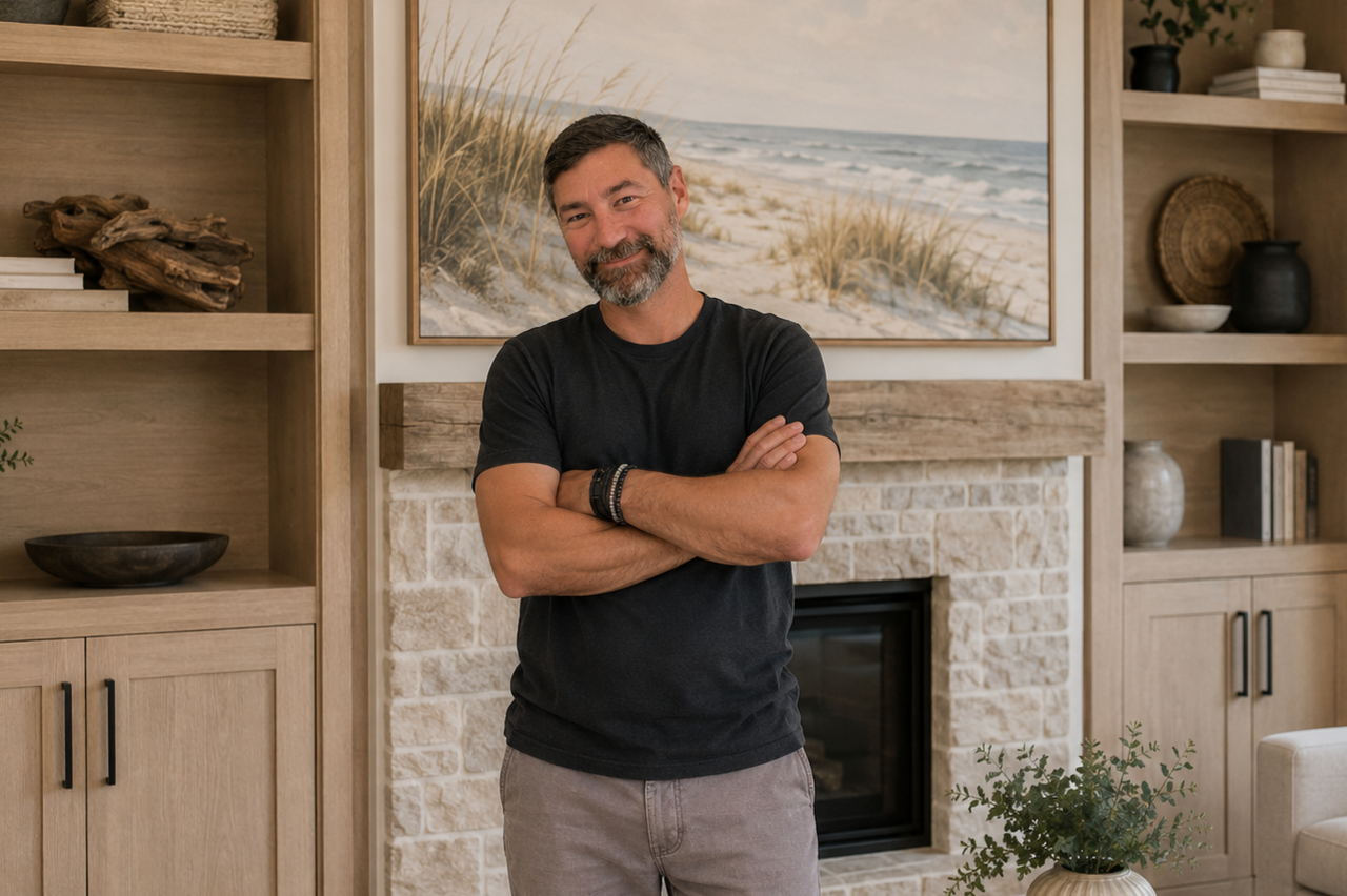 A man with a beard and short hair smiling with folded arms in a living room with a fireplace and built-in shelves, surrounded by decorative items and a large landscape painting of a beach scene.