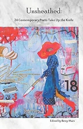 Cover of Unsheathed: figure in a blue coat with obscured face carrying a bloody knife, surrounded by toaster, sliced loaf of bread, and typewriter