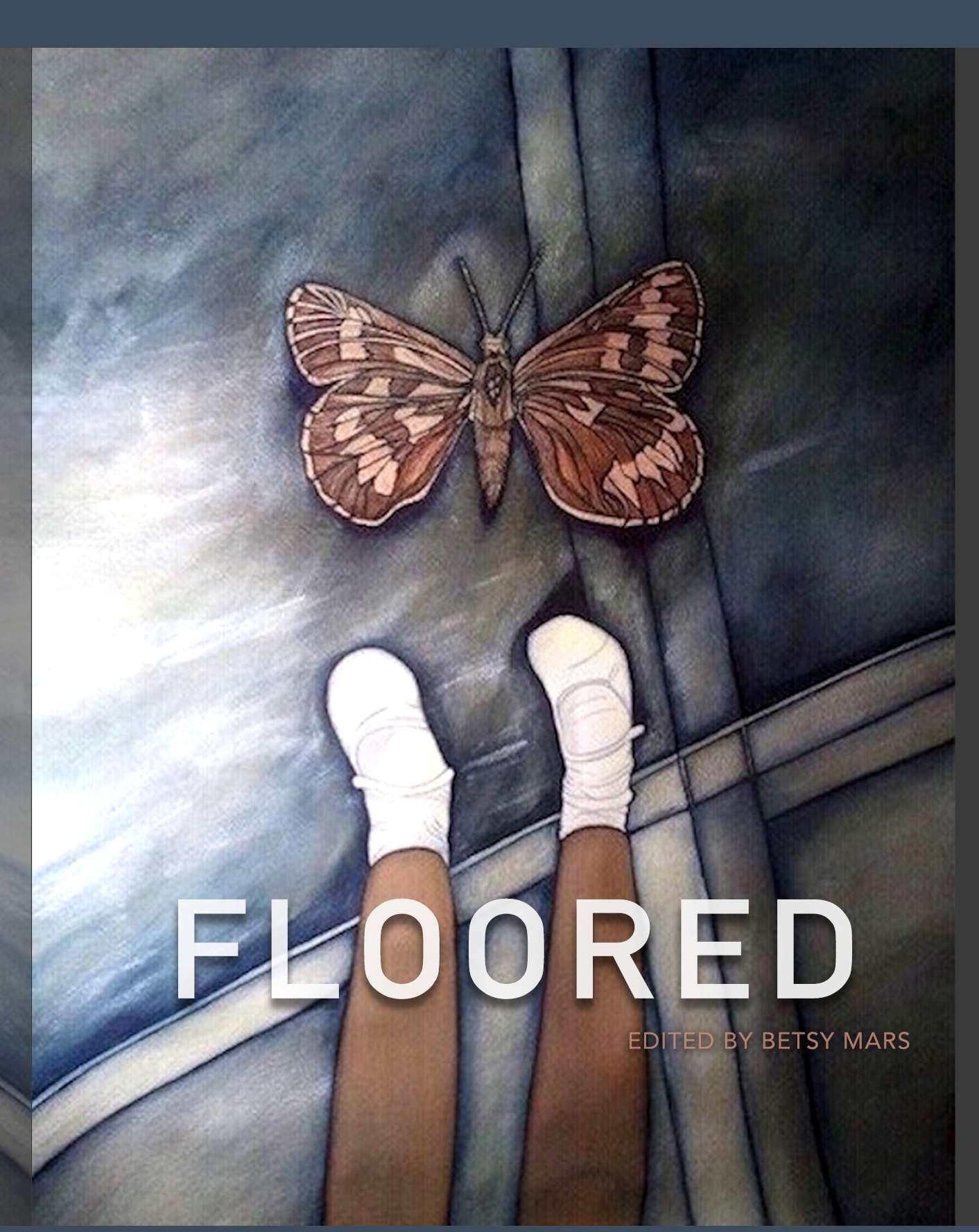 Cover of Floored: a pair of white shoes, possibly belonging to a child, standing in front of an amber butterfly