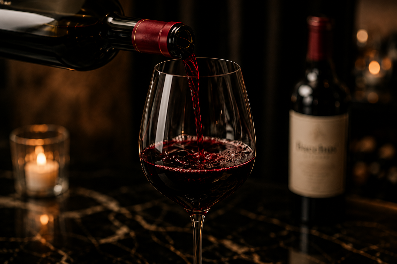 Red wine being poured into a glass by candlelight